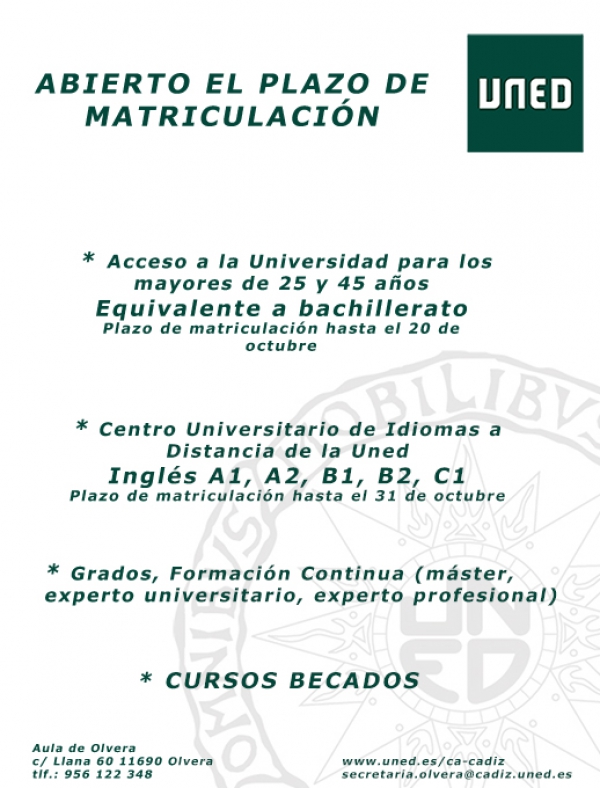 Abierto el plazo de matriculación en el Aula de la UNED de Olvera